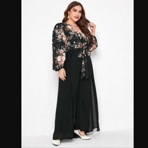NEW Plus Floral Print Lantern Sleeve Wide Leg Jumpsuit With Skirt Women's Size 2